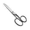A pair of ELK brand dressmaking scissors with a matte chrome-plated nickel finishing, featuring a double finger hole.